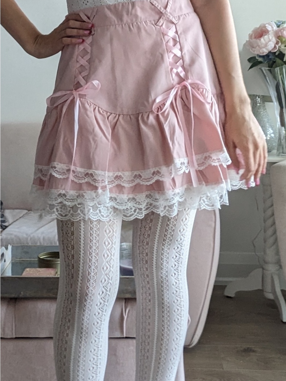 Pink Lace-Trim Tiered Mini Skirt with 2 pink tops kawaii